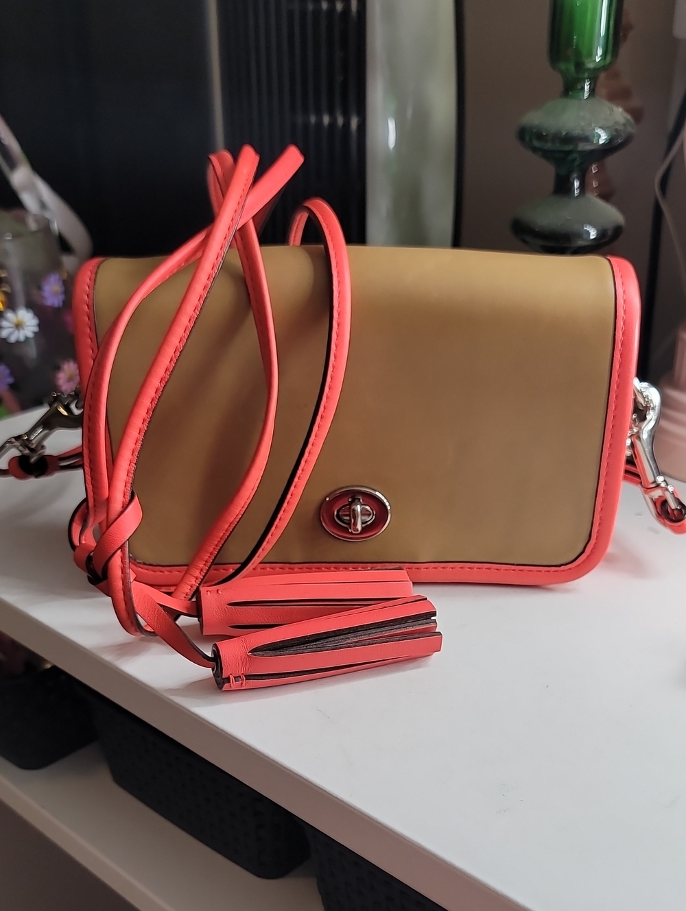 Coach Legacy Archival Penny CrossbTan and Coral Crossbody Bag with Tassel Accent